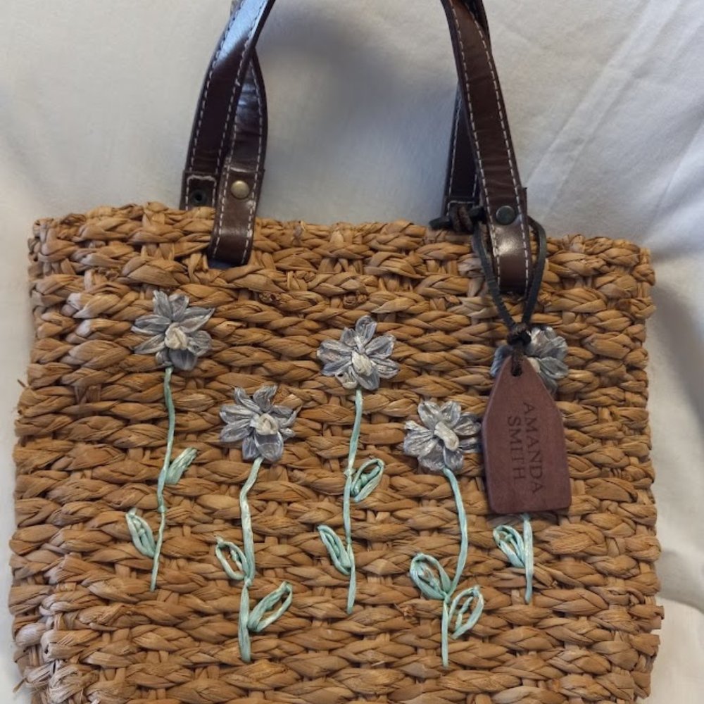 Amanda Smith Straw Weave Purse with Leather Straps, Floral, Purple Interior